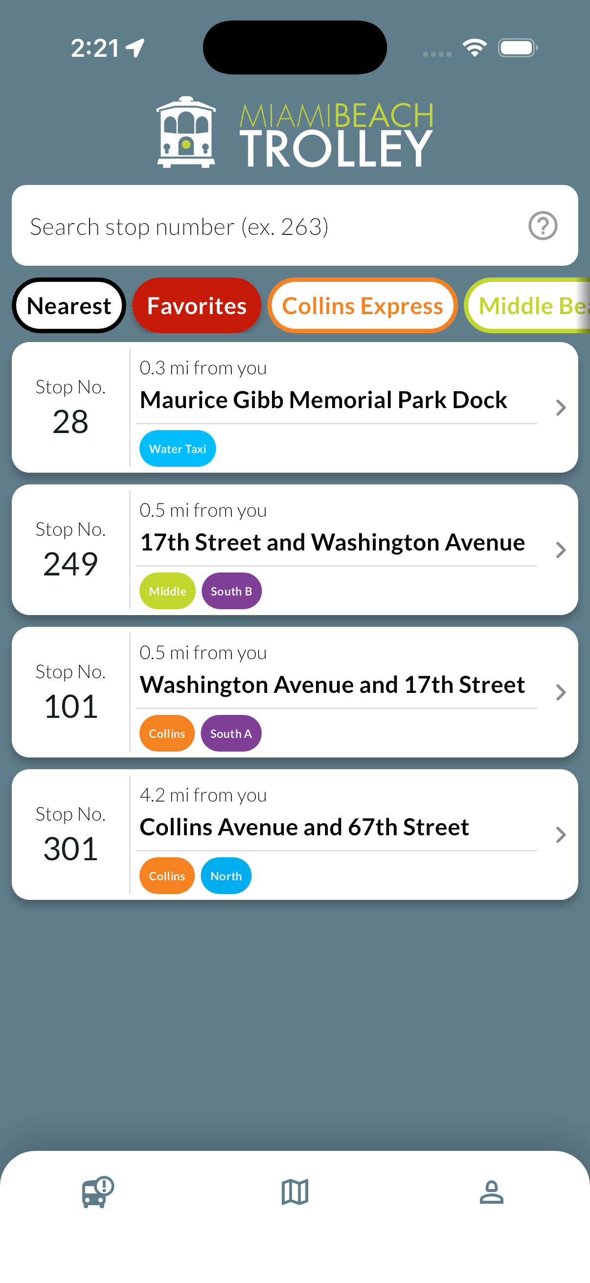 Favorites tab showing saved trolley stops and Water Taxi docks for quick access