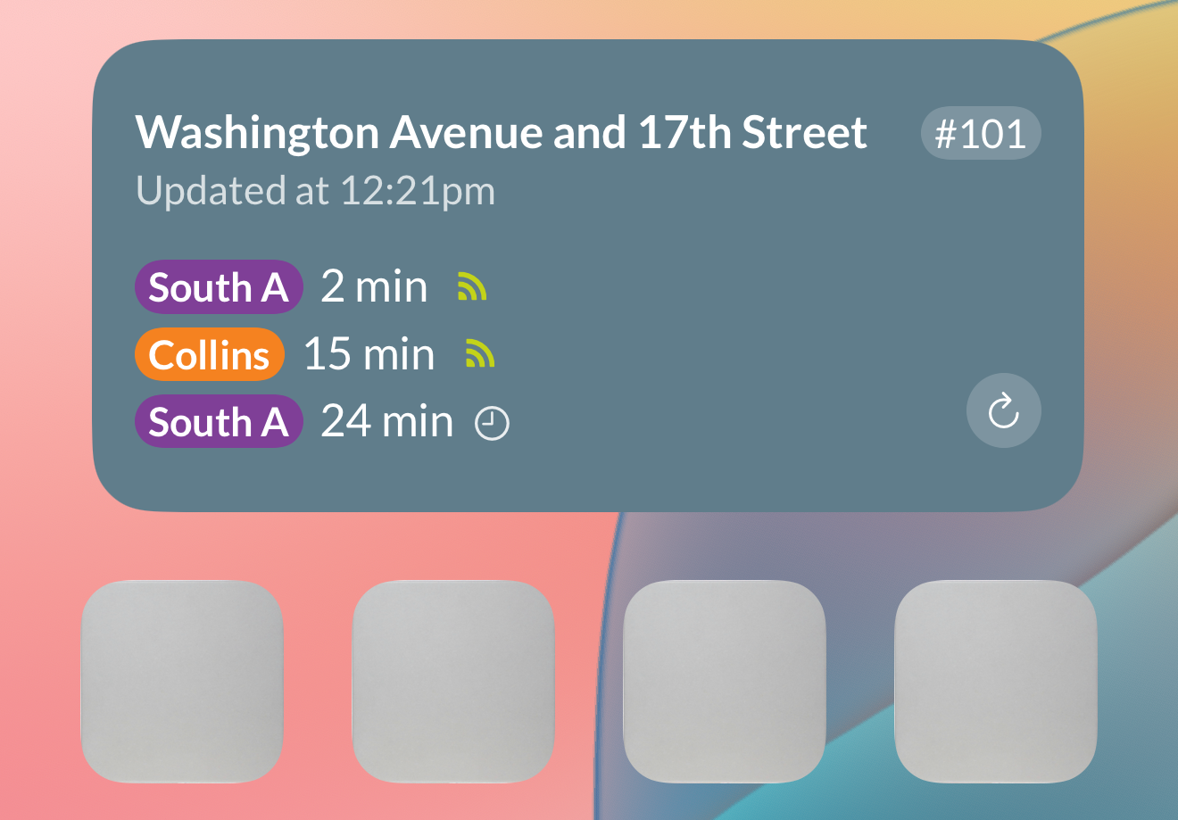 iOS Home Screen widget showing live trolley arrival times for Washington Avenue and 17th Street, South A arriving in 2 minutes, Collins in 15 minutes
