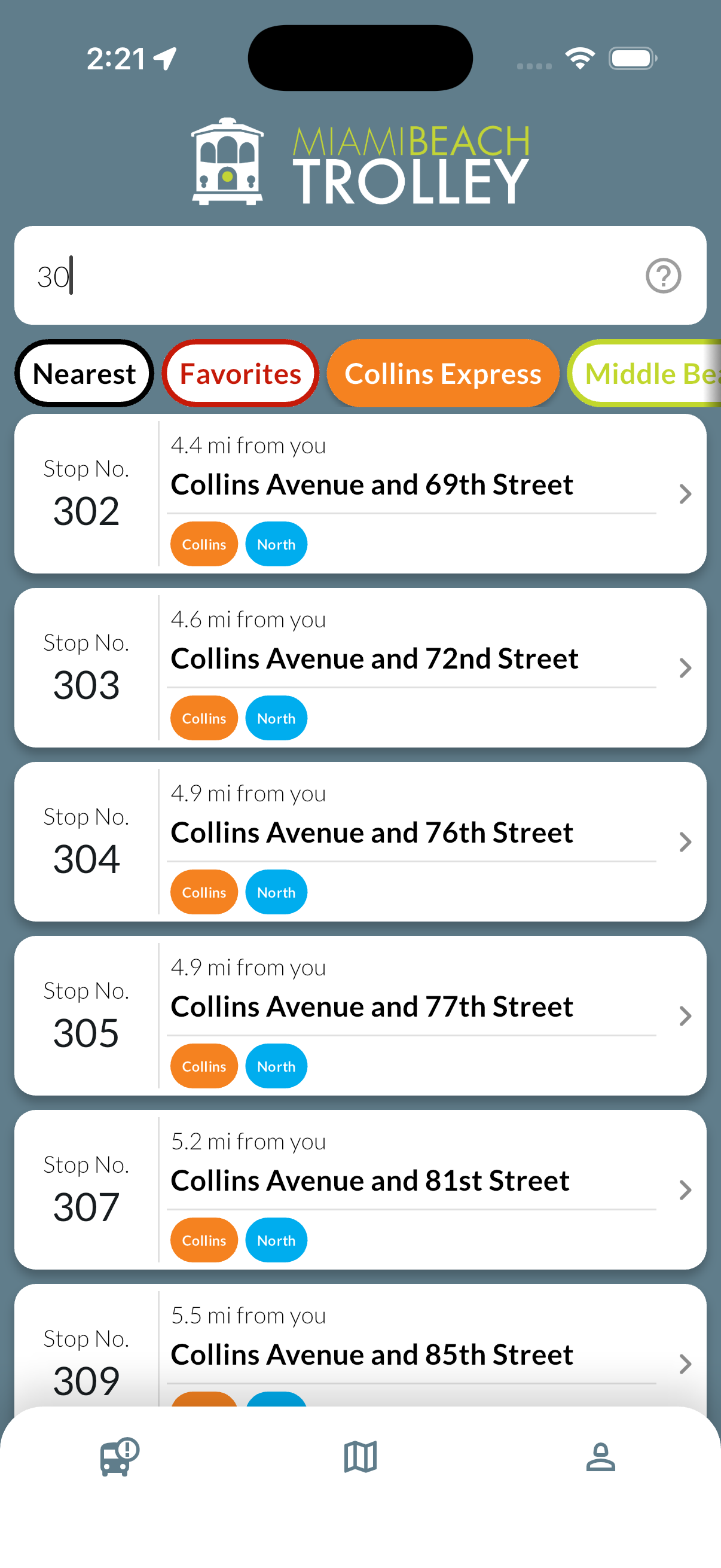 Search results filtering stops by number, showing Collins Express and North Beach Loop stops