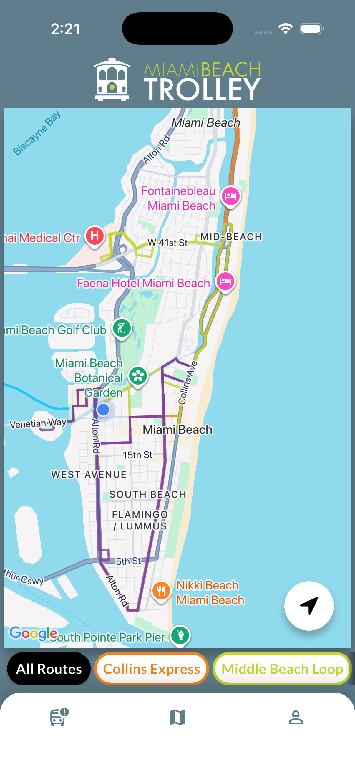 Interactive map view showing all Miami Beach Trolley routes and stops across Miami Beach