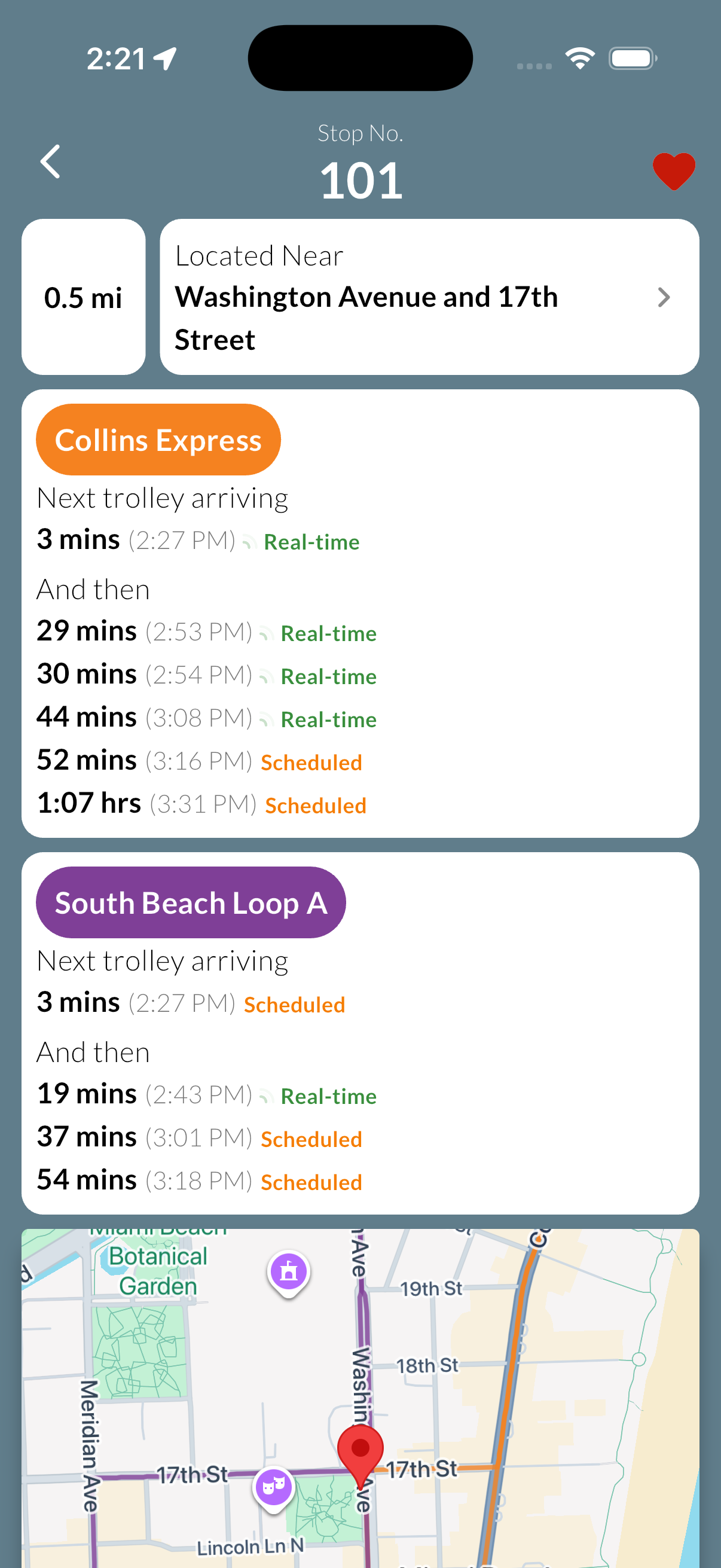 Stop details view showing live and scheduled arrival times for Collins Express and South Beach Loop