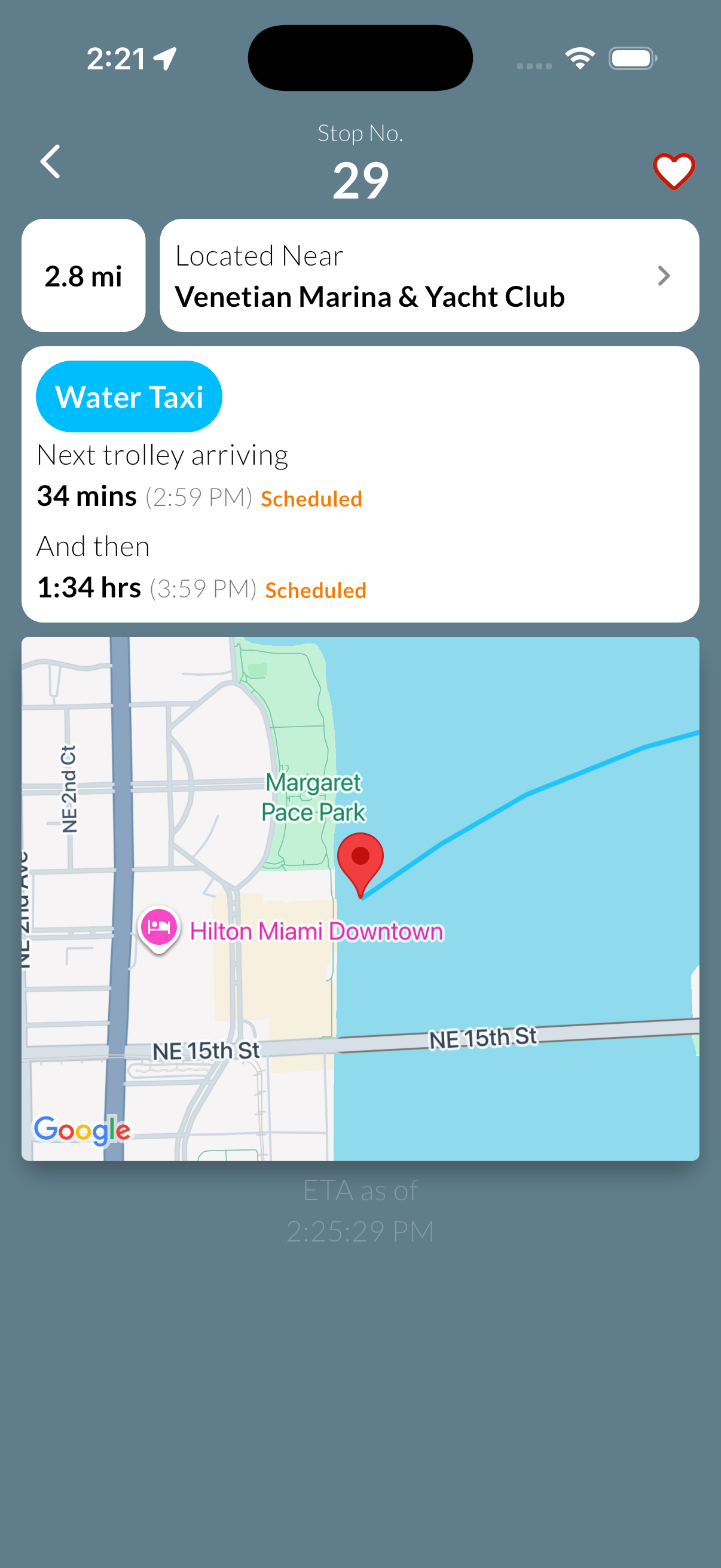 Water Taxi dock details showing scheduled arrival times and dock location on map