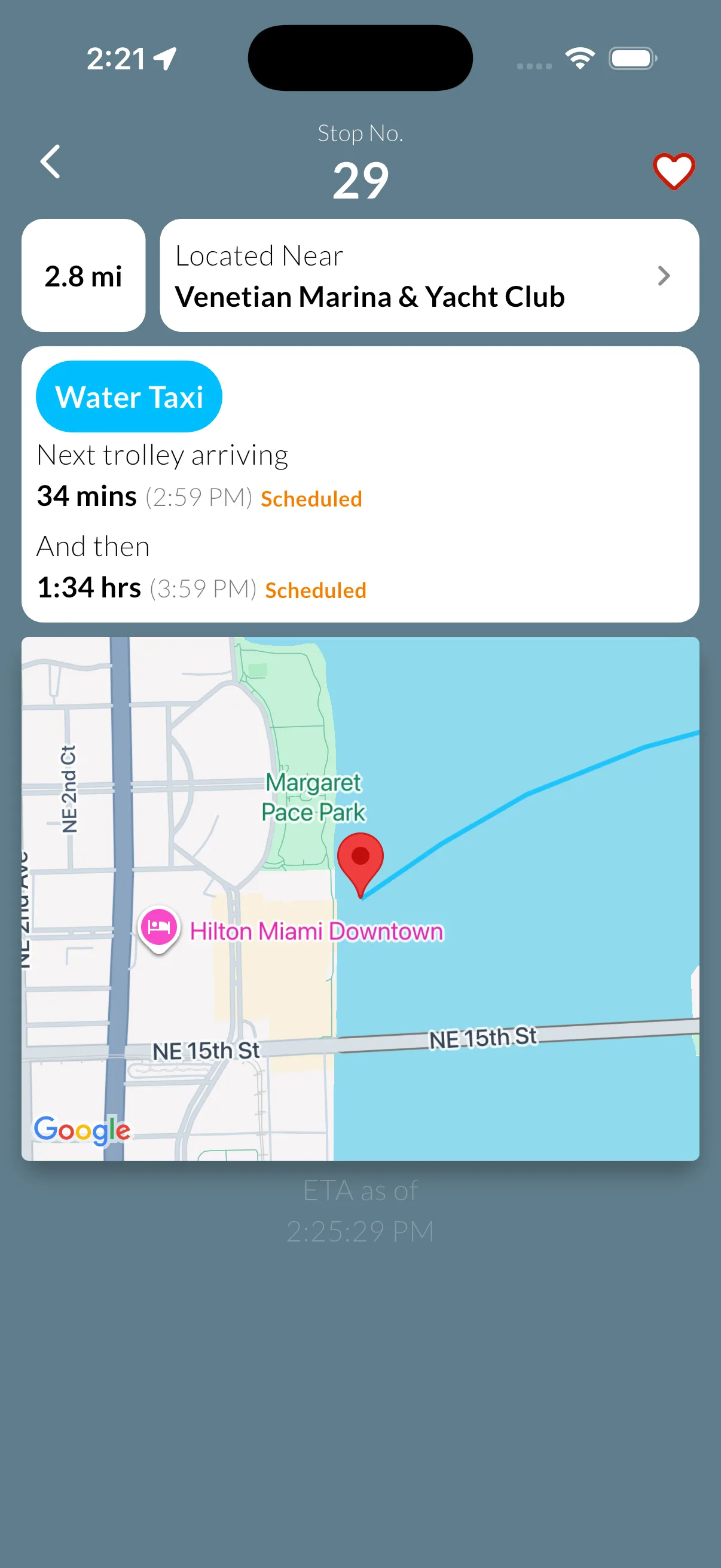 Water Taxi dock details showing scheduled arrival times and dock location on map